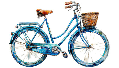 a watercolor painting depicts a vintage blue bicycle with a woven basket attached to the handlebars.