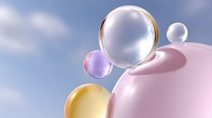 Colorful bubbles floating in a blue sky, whimsical scene evoking joy, ideal for fun projects or children's themes.