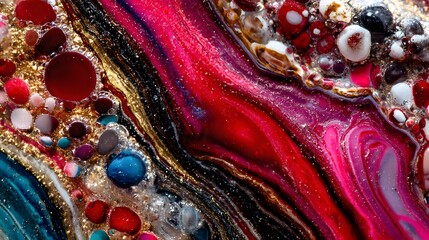 Vibrant abstract design, swirling patterns in red, blue, and gold, perfect for artistic backgrounds or digital art projects.
