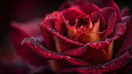 Vivid red rose blooming, close-up of velvety petals with soft light highlighting its intricate layers, perfect for romantic themes.