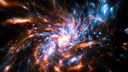 Abstract fractal spiral galaxy in orange and blue hues
