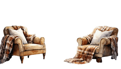 a pair of vintage leather armchairs draped with plaid blankets and adorned with white pillows offer a cozy and inviting aesthetic.
