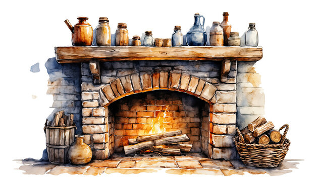 a watercolor painting depicts a rustic stone fireplace with a roaring fire, adorned with pottery and firewood, creating a cozy and inviting scene.