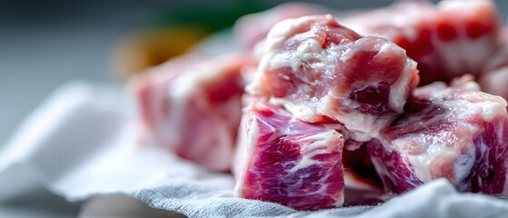 Freshly cut meat on a cutting board, vibrant red and marbled sections, ideal for culinary presentations or recipes.