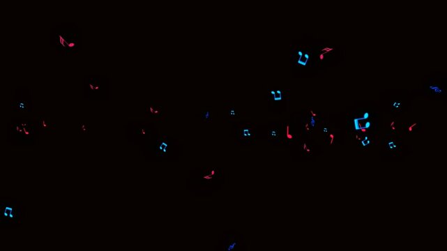 Animated Music Notes Floating on Black Background in Red and Blue Colors