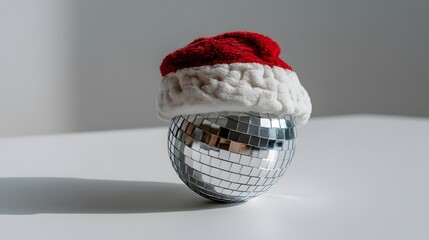 Decorative silver ornament, shiny spherical design with red and white fabric top, festive holiday decor for celebration.