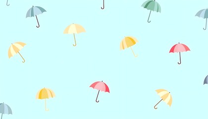 Obraz premium Colorful vector umbrellas on light blue background, flat design illustration, minimal pastel concept, summer, rain, weather, decorative elements