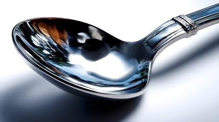Shiny metal spoon, close-up view showcasing reflections and sleek design, suitable for culinary or dining-themed content.