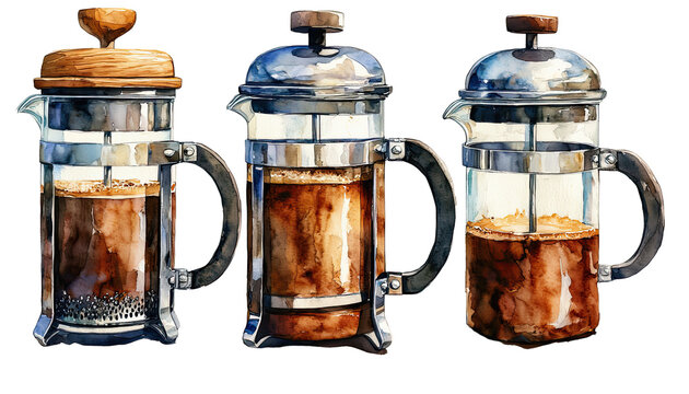 a watercolor painting depicts three french presses filled with dark coffee, each showing varying levels of brew and detailed metallic components.