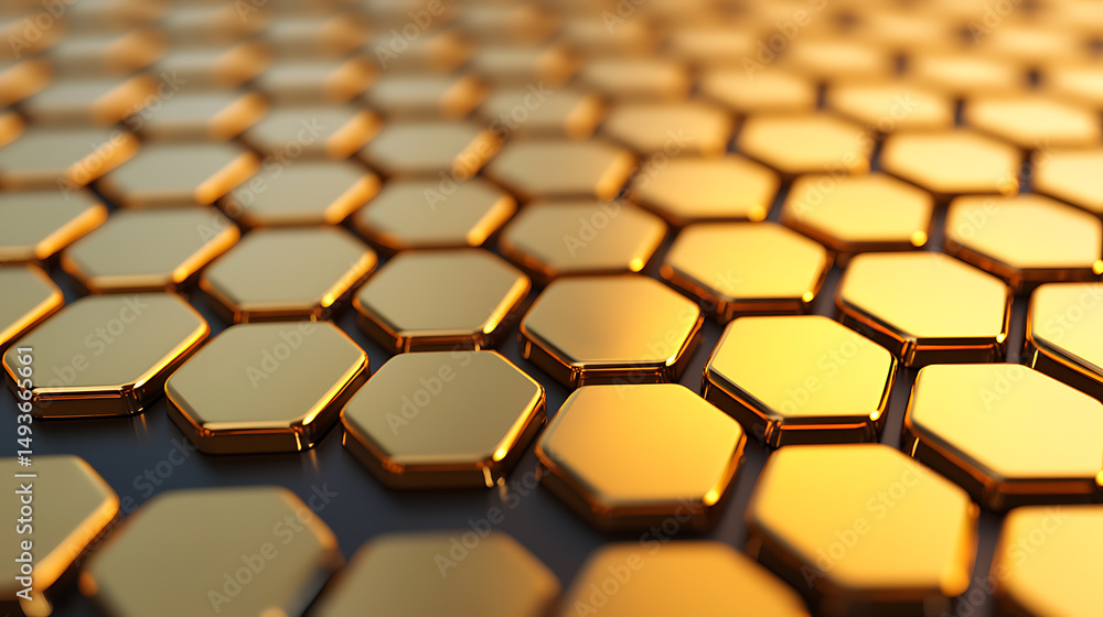 Poster abstract golden hexagon pattern: detailed background with reflections for futuristic design or techn