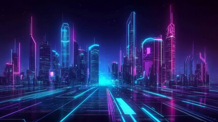 Obraz premium Neon Cityscape Futuristic Digital Metropolis, Cyberpunk, 80s Retro Cyberpunk, Sci-Fi