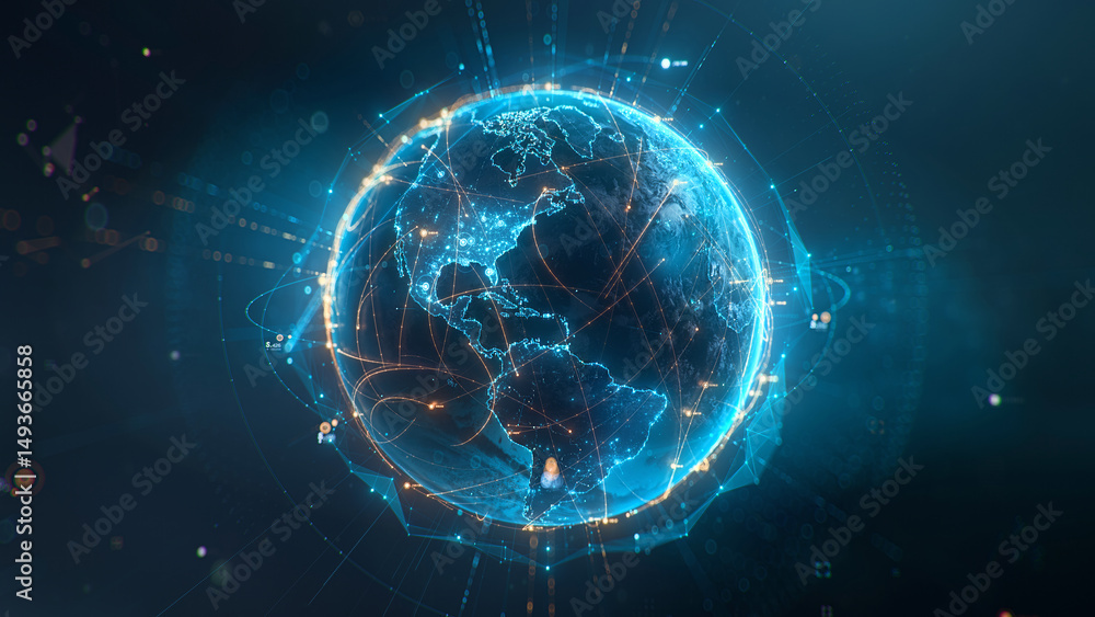 Poster futuristic digital globe of earth with glowing data points network connections on a dark background.