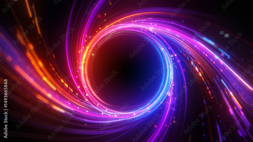 Poster glowing swirling vortex of vibrant light trails in orange, violet and blue color on a dark backgroun
