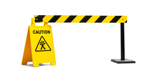 A bright yellow caution sign warns of potential hazard behind a striped barrier suggesting on transparent background