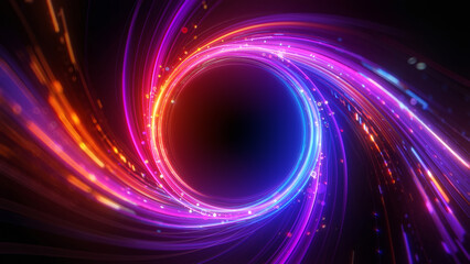 Glowing swirling vortex of vibrant light trails in orange, violet and blue color on a dark background. Concept of big data, block chain and digital technology. Template with free copy space for text.