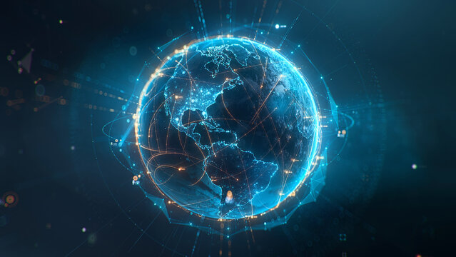 Futuristic digital globe of Earth with glowing data points network connections on a dark background. Worldwide links on planet earth at night. Concept of World communication technology. 3d render