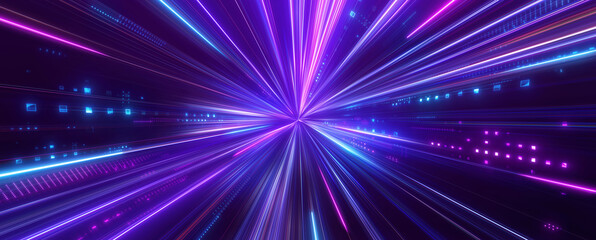 Long streaks of violet and blue light moving fast on night city street. Futuristic digital style on a black background. Speed and motion concept. 3d illustration