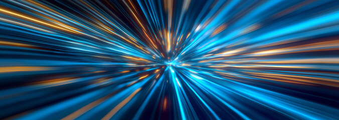 Abstract blue and orange neon light streaks moving fast through on a dark tunnel. Concept of speed, motion or futuristic technology. 3d illustration