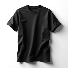 Black t-shirt, minimalist, high contrast, studio lighting, textured fabric, floating, realistic white background.