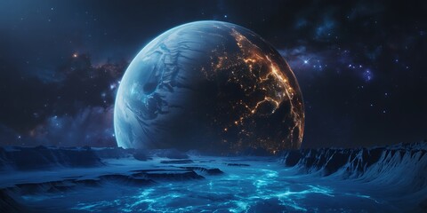Spectacular planet view with city lights from a blue illuminated alien landscape