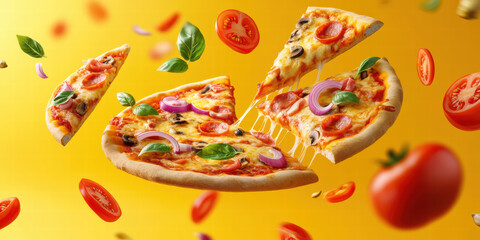 Pizza Explosion: Slices of pizza and vibrant toppings in a dynamic composition against a captivating backdrop