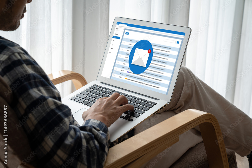 Poster email notification message showing on computer screen snugly. digital marketing message information 