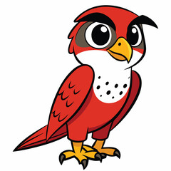 Cartoon falcon stands displaying bold red feathers and a speckled chest against white
