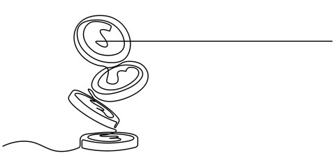 Single continuous line drawing the stacks of coins of varying heights. Gold coin money. Concept of finance, business, and banking. Coin Week. One line design vector illustration. Minimalist vector art © UzzalChandra