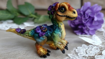 Colorful ceramic dinosaur figurine, vibrant design with intricate details, perfect for a playful home decor accent.