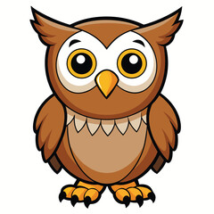 Standing cartoon owl displays light brown feathers and big golden eyes on a white background