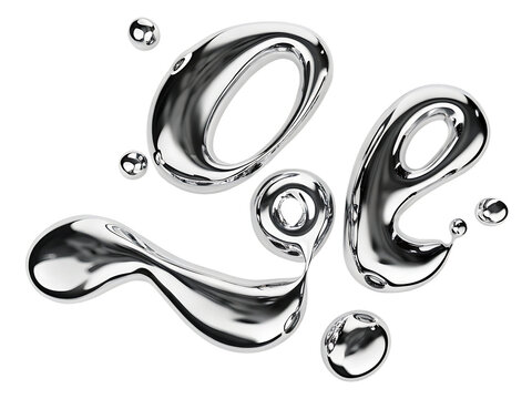 3D render of fluid chrome liquid shapes isolated on white background PNG.