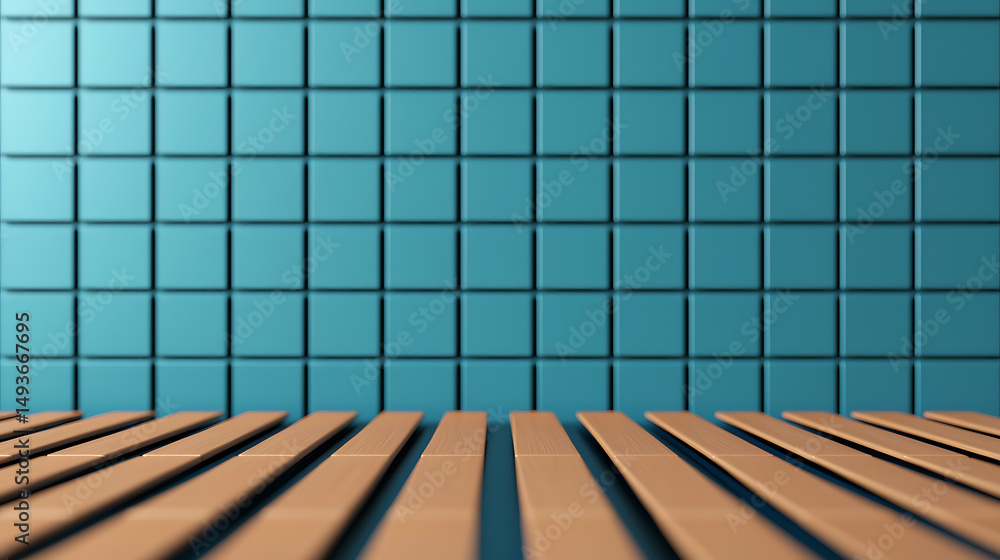 Poster abstract background featuring square tiles in aqua color with wooden texture planks forming a platfo