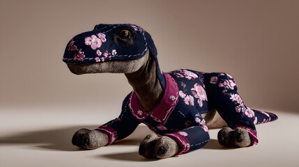 Colorful plush dinosaur toy, vibrant fabric design, perfect for children's playroom or decor, soft and huggable features.