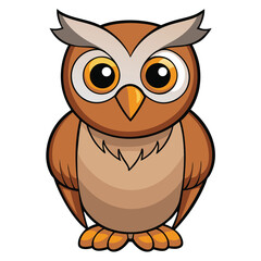 Cartoon owl with big eyes and brown feathers stands alone in a simple design