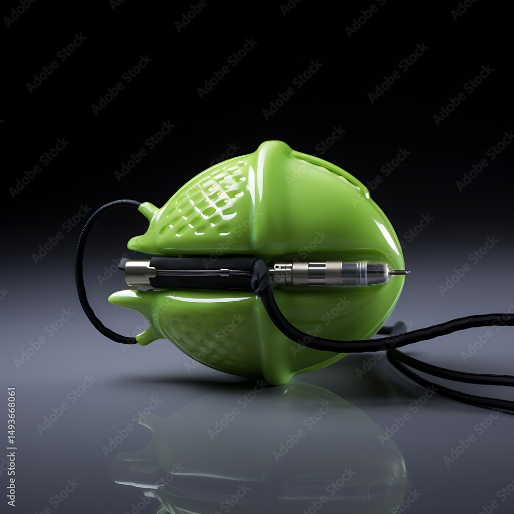 Poster abstract green object with metal elements and cables on reflective surface, artistic rendering.