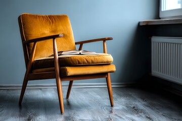 Cozy vintage armchair, worn yellow fabric, wooden arms, set in a minimalist room, perfect for relaxation or reading.