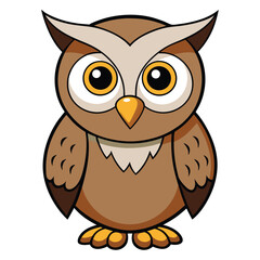 Standing cartoon owl with big eyes and brown feathers looks directly forward