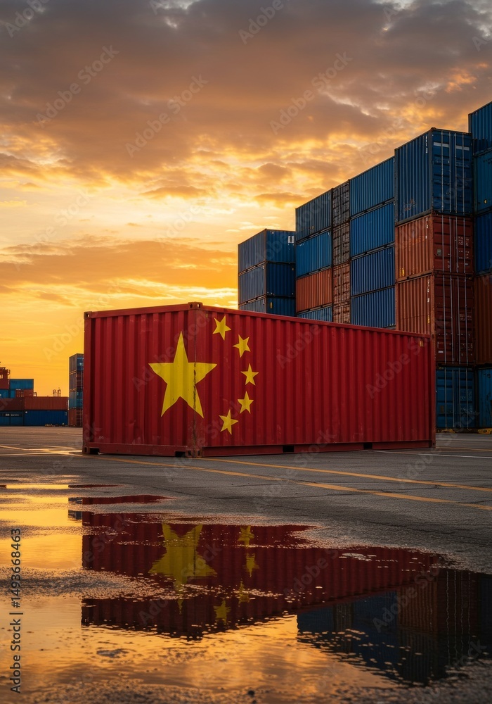 Poster sunset over shipping containers with chinese flag - a single shipping container displays the chinese