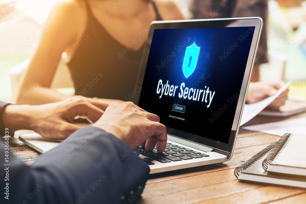 Poster cyber security system on computer screen protect private information snugly from hacker and cyber at