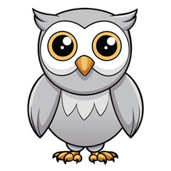 Cartoon gray owl with big eyes standing alert on a clean white background