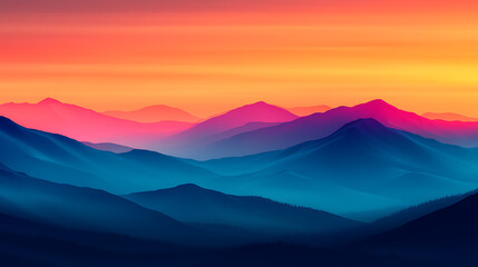 Vibrant Mountain Vista: Layered Peaks in Shades of Blue, Pink, and Orange under a Colorful Dawn Sky.