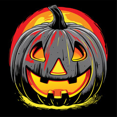 Glowing grey halloween pumpkin against a fiery sunset
