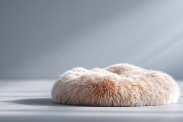 Luxurious beige faux fur mound on a minimalist grey background.  Perfect for product displays, websites, or adding a touch of soft elegance to your design.