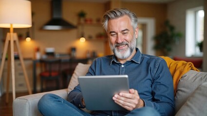 Relaxed man with gray hair using a tablet on a cozy sofa in a modern living room, enjoying a quiet evening