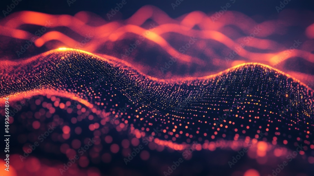 Poster abstract red and orange glowing particle wave background.