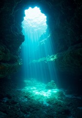 Underwater Cave Sunlight Beams - Mysterious underwater cave, sunlight rays piercing the deep blue water, creating a serene and magical atmosphere. Symbolizing: exploration, hidden beauty, hope