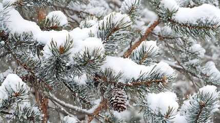 Close-up view of snowy pine tree branches.
