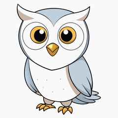 Standing snowy owl cartoon character featuring huge yellow eyes stares directly forward with simple background
