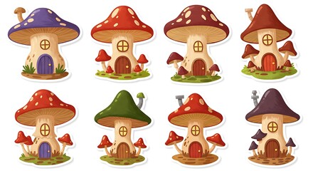 Fototapeta premium Cute Cartoon Mushroom Houses for Fairy Tale Designs 