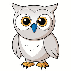 Friendly owl with big eyes and a blue beak stands isolated against white